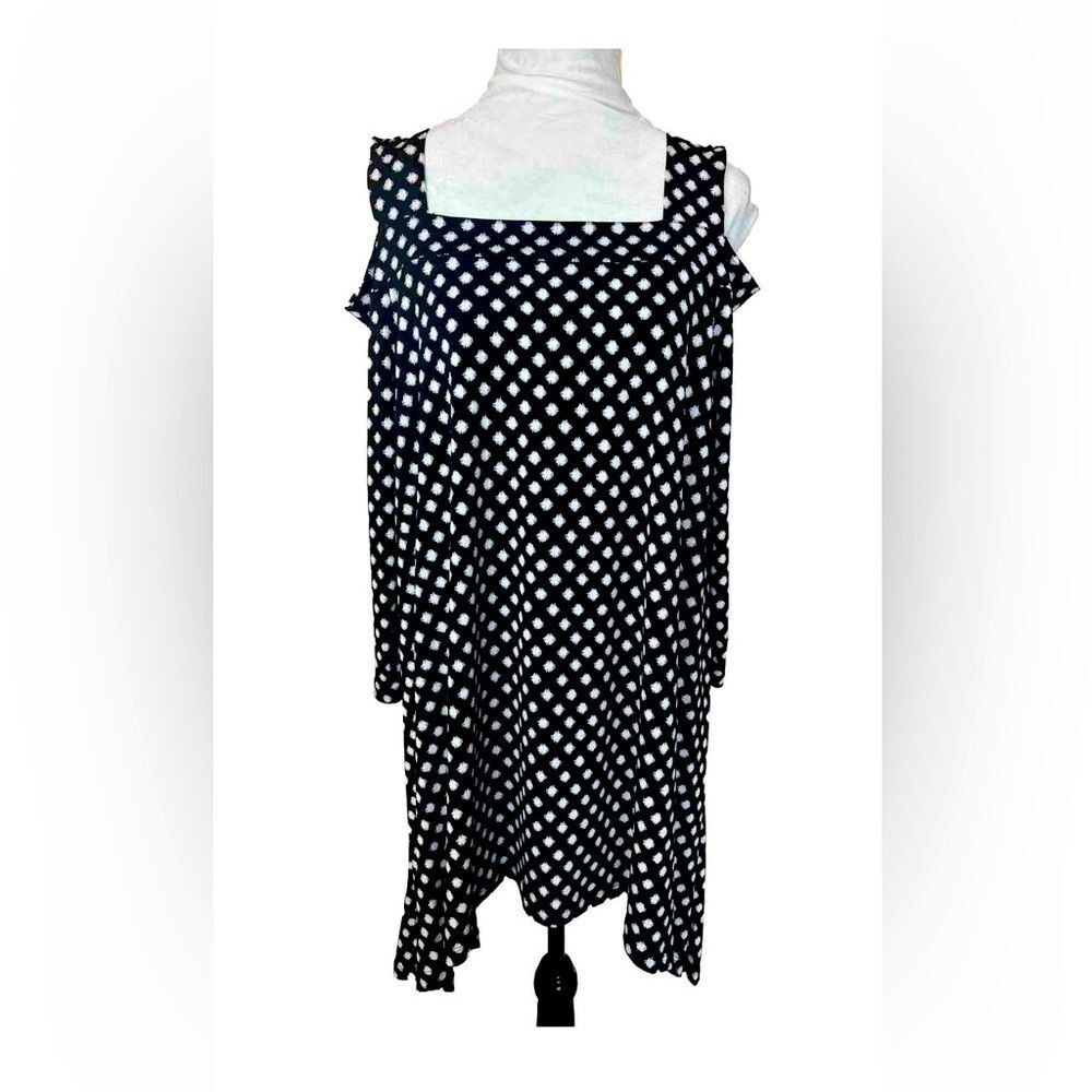 Chico's NWT Sz 12 *see Cold Shoulder Black Polka Dot Tunic 3/4 Sleeve Asymmetric